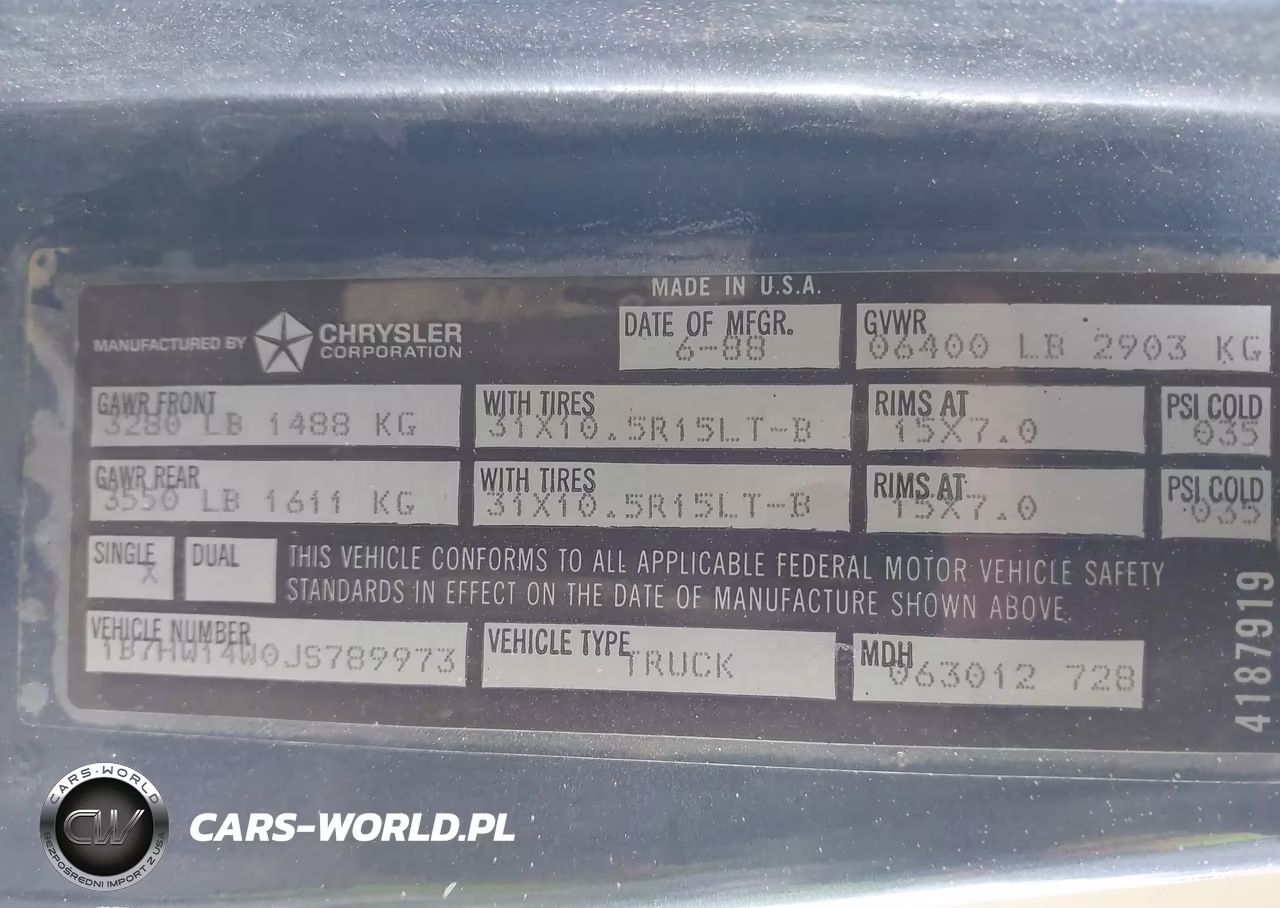 1988 Dodge W-Series W150 VIN:1B7HW14W0JS789973 - 9