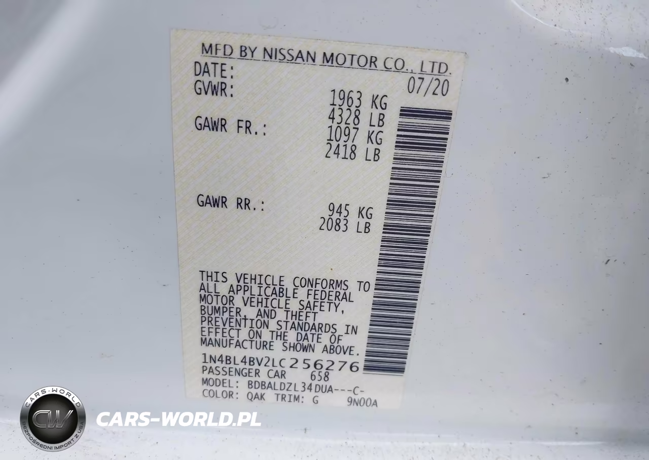 2020 Nissan Altima S Fwd VIN:1N4BL4BV2LC256276 - 9