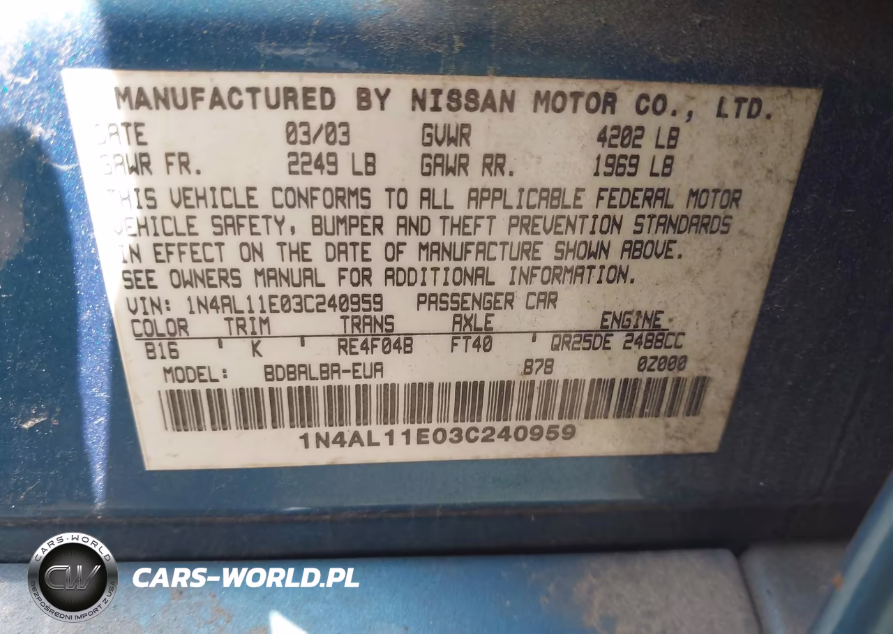 2003 Nissan Altima 2.5 Base-2.5 S-2.5 Sl VIN:1N4AL11E03C224095 - 9