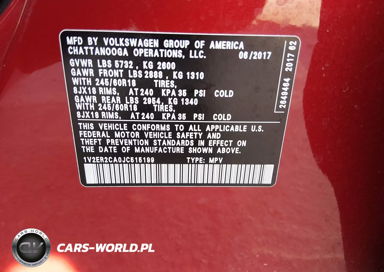 2018 Volkswagen Atlas 3.6L V6 Sel VIN:1V2ER2CA0JC515199 - 9