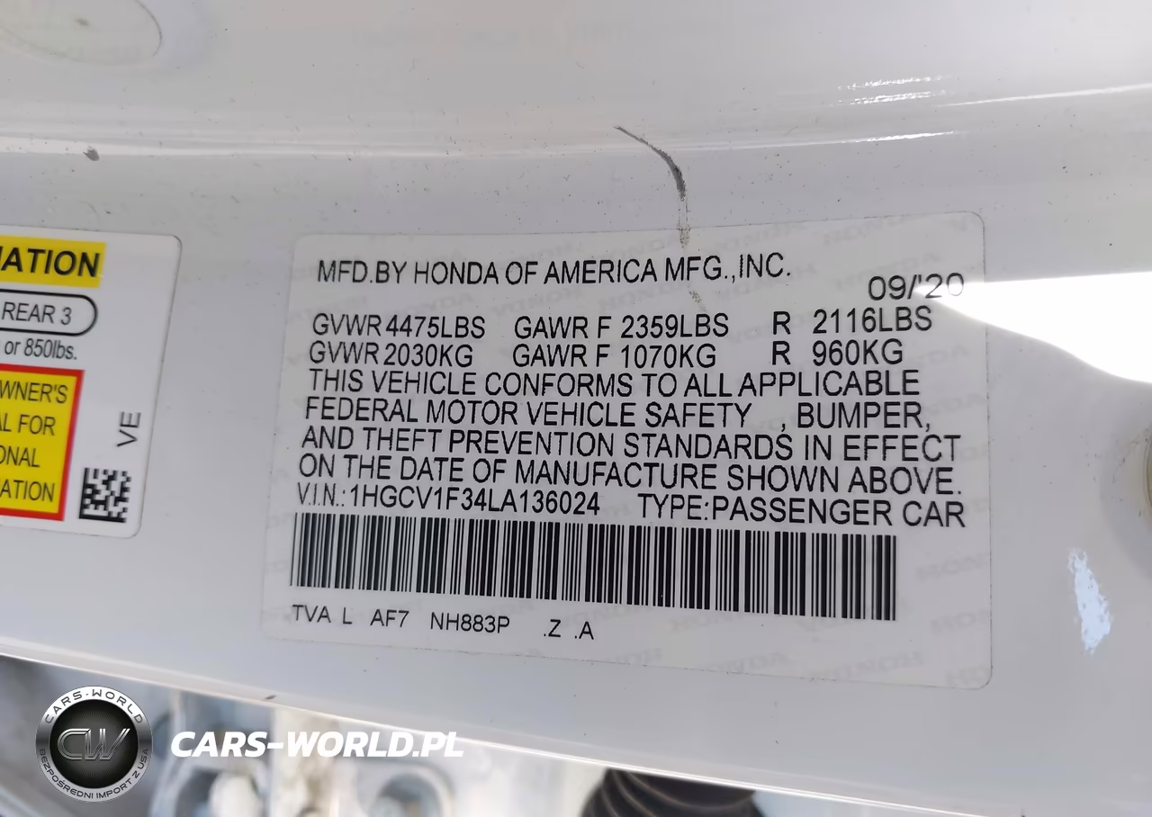 2020 Honda Accord Sport VIN:1HGCV1F34LA136024 - 9