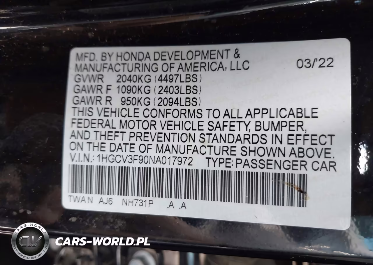 2022 Honda Accord Hybrid Touring VIN:1HGCV3F90NA017972 - 9