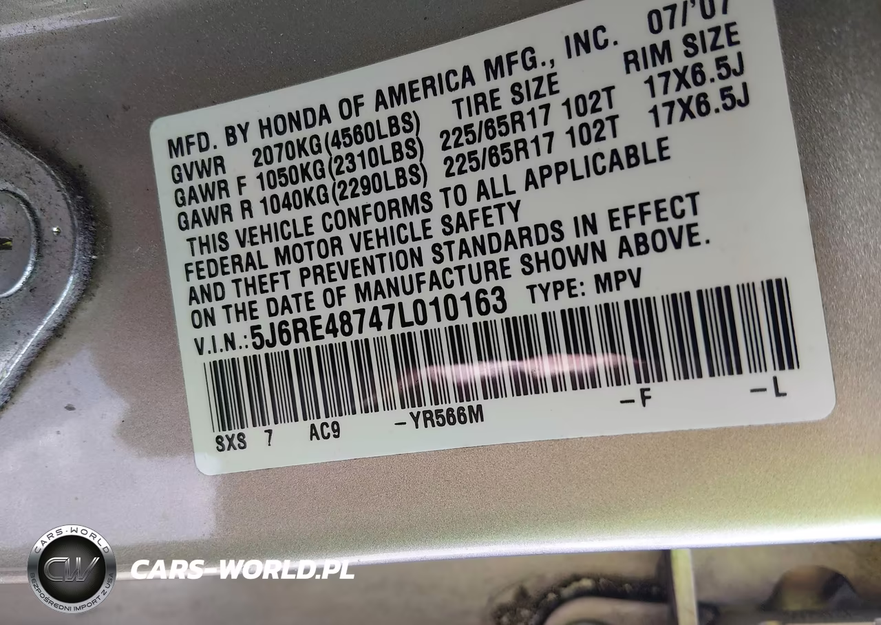 2007 Honda Cr-V Exl VIN:5J6RE48747L010163 - 9