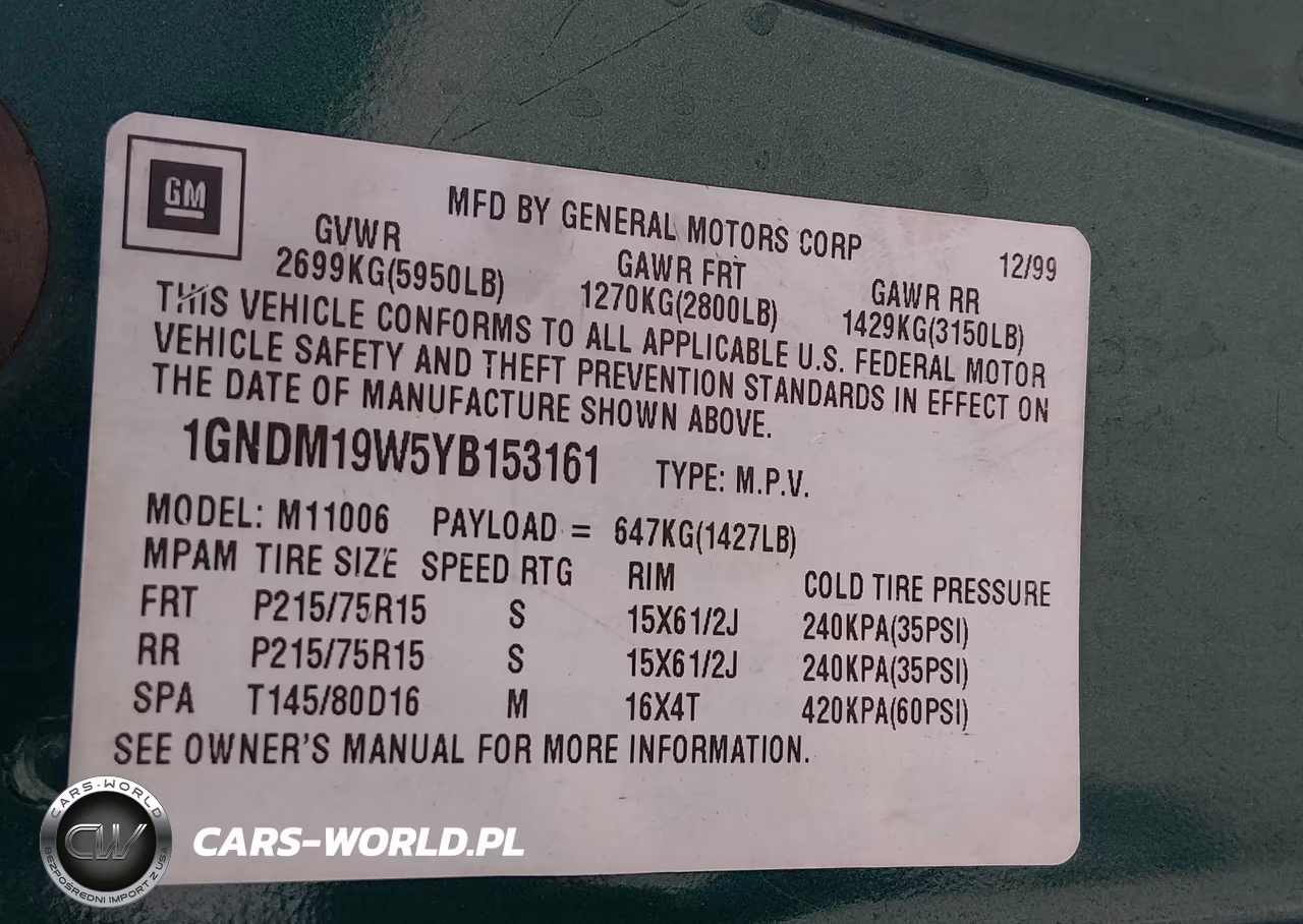 2000 Chevrolet Astro VIN:1GNDM19W5YB153161 - 9