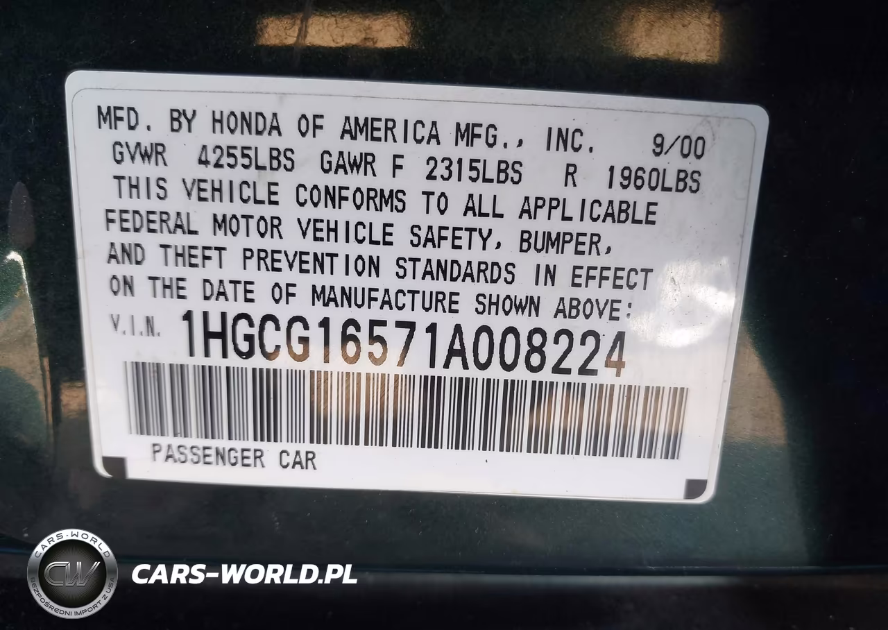 2001 Honda Accord 3.0 Ex VIN:1HGCG16571A008224 - 9