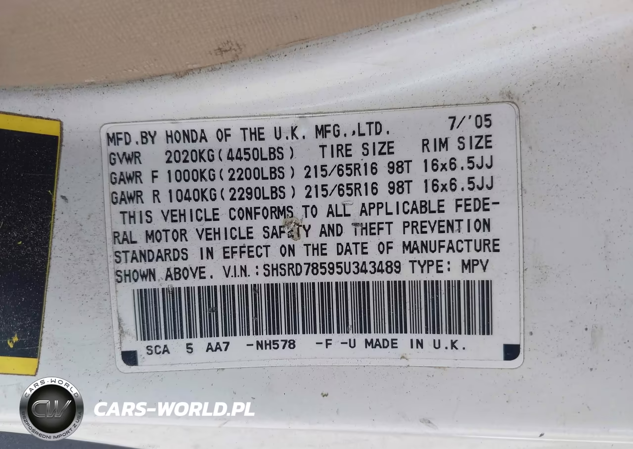 2005 Honda Cr-V Lx VIN:SHSRD78595U343489 - 9