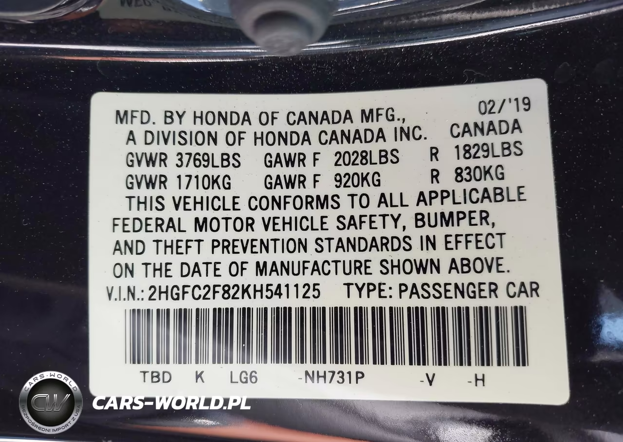 2019 Honda Civic Sport VIN:2HGFC2F82KH541125 - 9