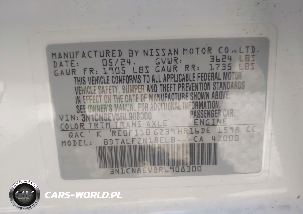2024 Nissan Versa 1.6 Sv VIN:3N1CN8EV8RL908300 - 9