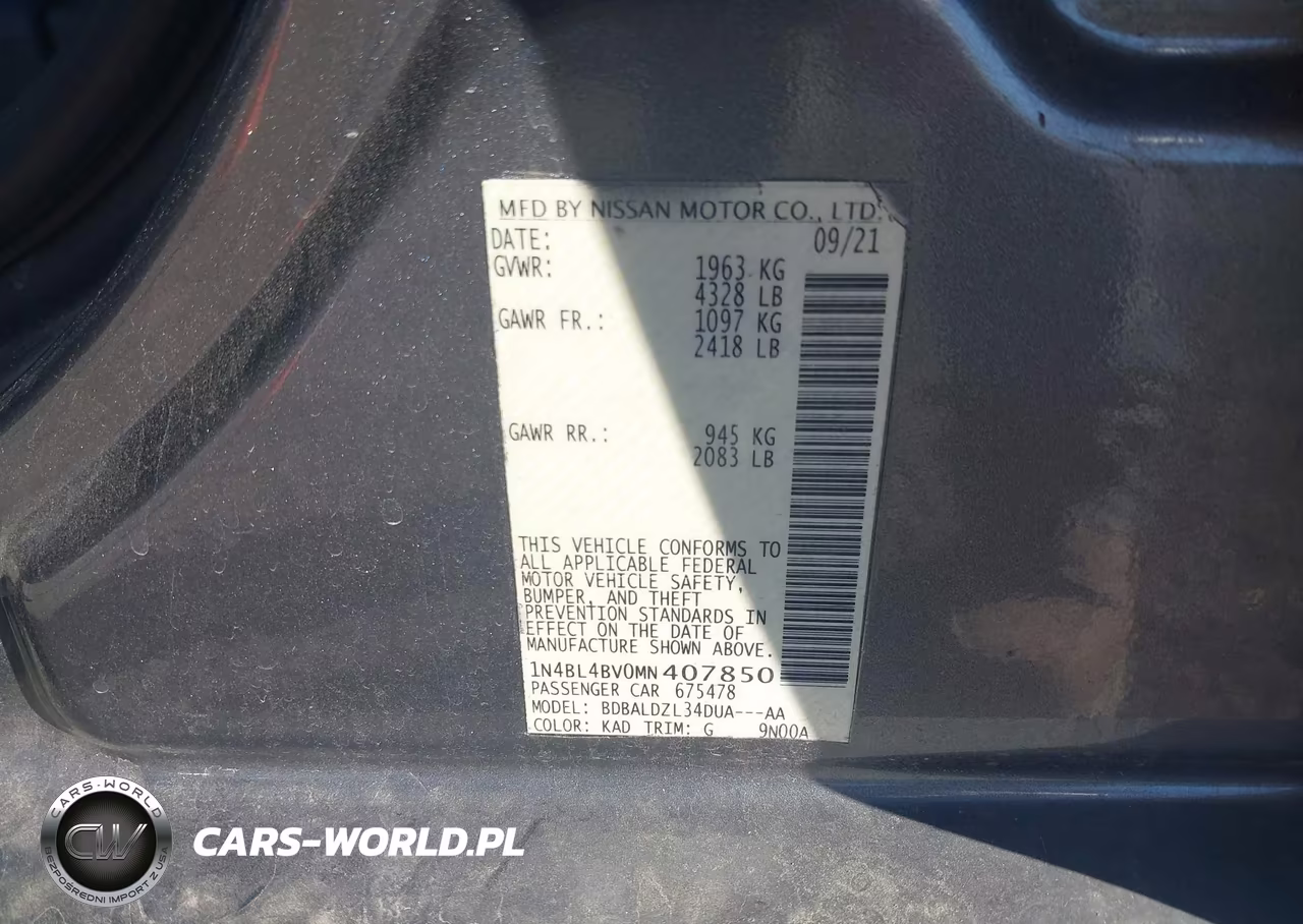 2021 Nissan Altima S Fwd VIN:1N4BL4BV0MN407850 - 9