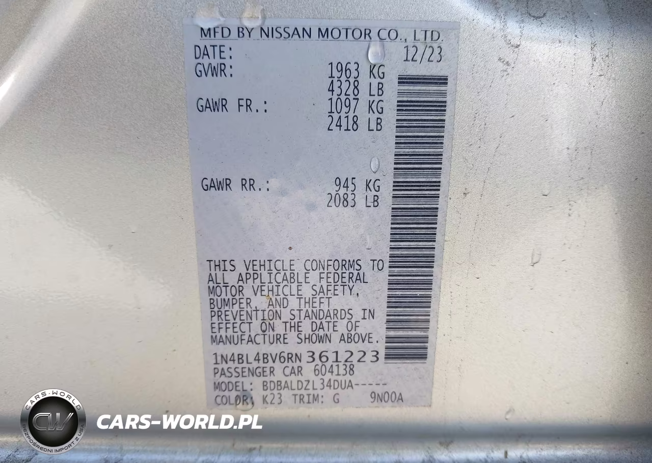 2024 Nissan Altima S Fwd VIN:1N4BL4BV6RN361223 - 9