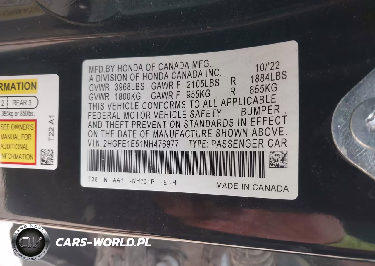 2022 Honda Civic Si Sedan VIN:2HGFE1E51NH476977 - 9