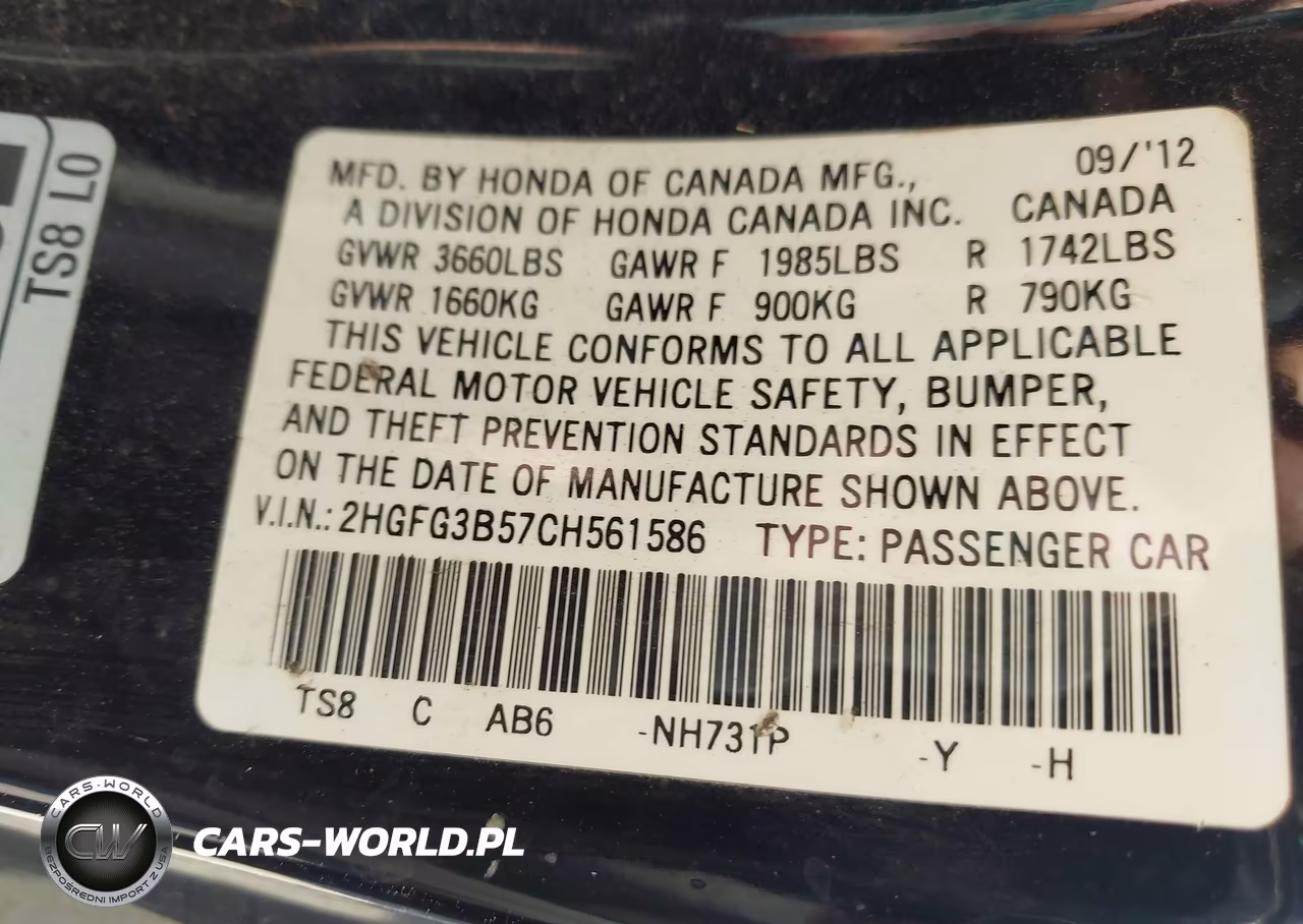 2012 Honda Civic Lx VIN:2HGFG3B57CH561586 - 9