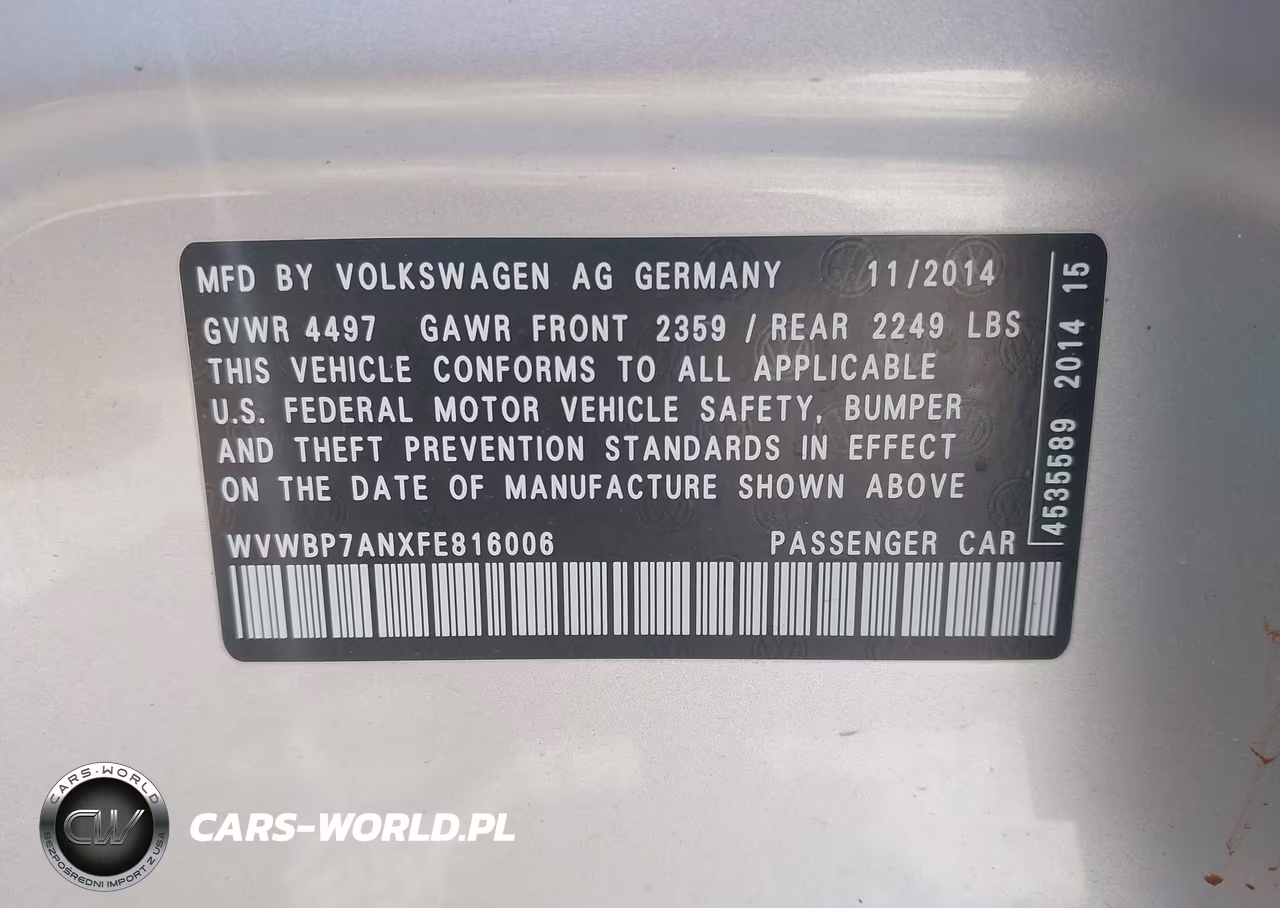 2015 Volkswagen Cc 2.0T Sport VIN:WVWBP7ANXFE816006 - 9