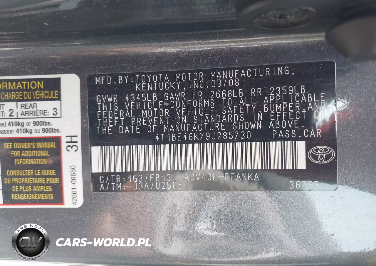 2009 Toyota Camry Le VIN:4T1BE46K79U285730 - 9