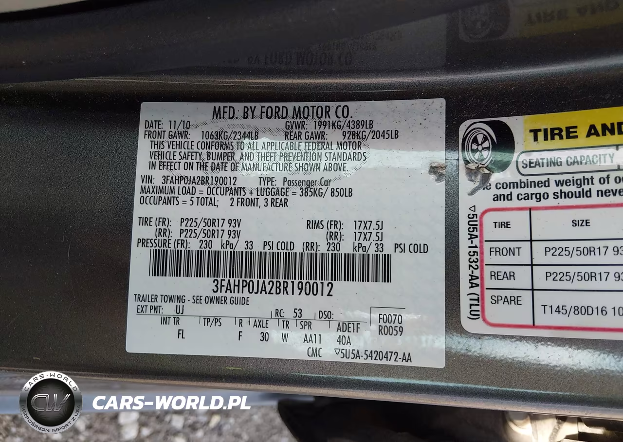FORD FUSION SEL VIN:3FAHP0JA2BR190012 - 9
