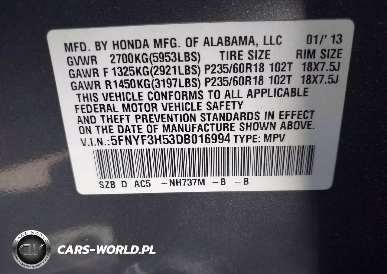 2013 Honda Pilot Ex-L VIN:5FNYF3H53DB016994 - 9