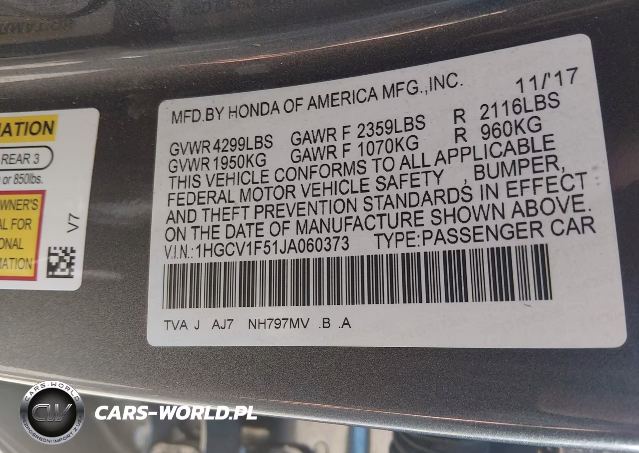2018 Honda Accord Ex-L VIN:1HGCV1F51JA060373 - 9