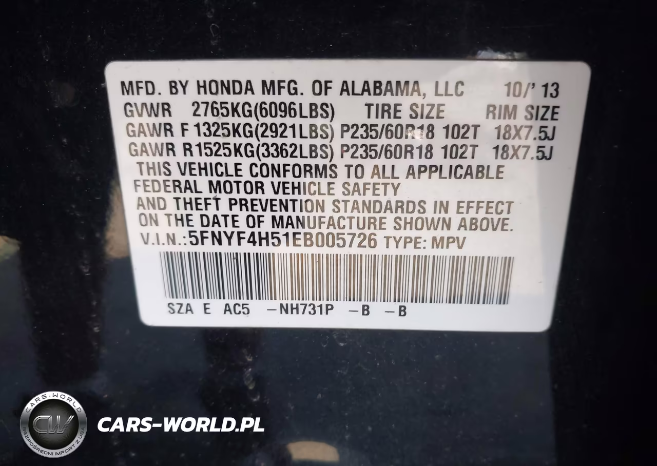 2014 Honda Pilot Ex-L VIN:5FNYF4H51EB005726 - 9
