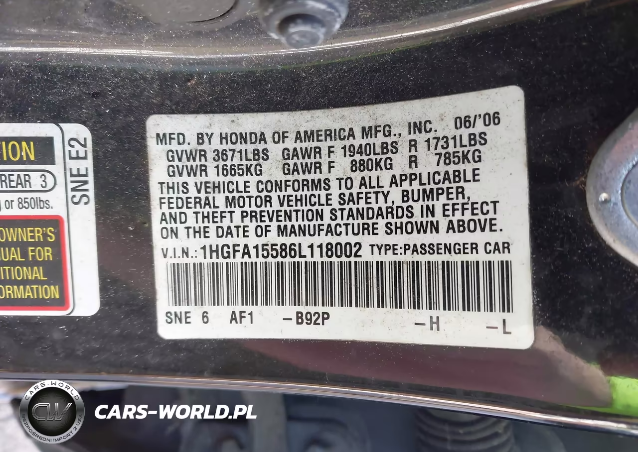 2006 Honda Civic Lx VIN:1HGFA15586L118002 - 9
