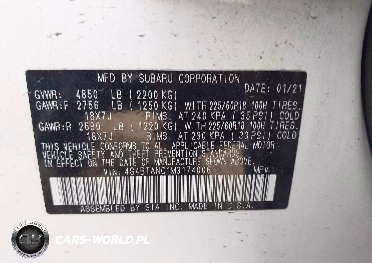 2021 Subaru Outback Limited VIN:4S4BTANC1M3174006 - 9