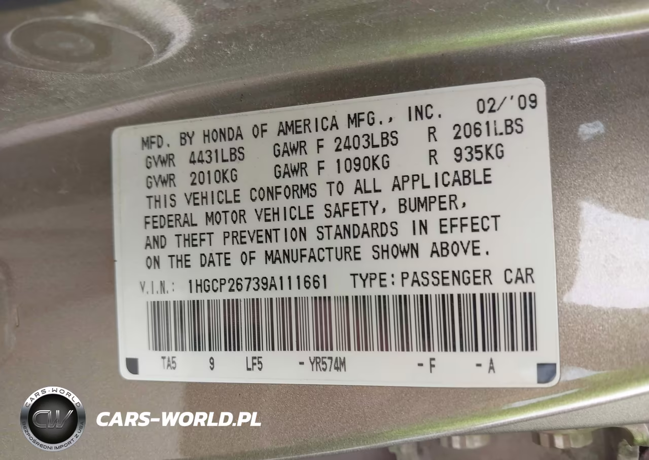 2009 Honda Accord 2.4 Ex VIN:1HGCP26739A111661 - 9