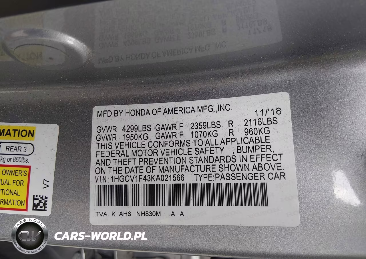 2019 Honda Accord Ex VIN:1HGCV1F43KA021566 - 9