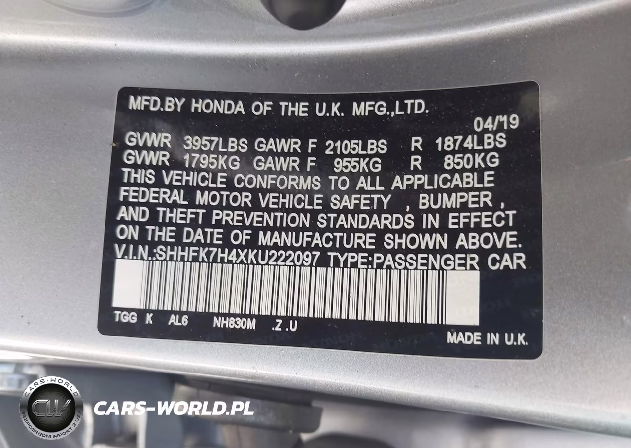 2019 Honda Civic Sport VIN:SHHFK7H4XKU222097 - 9
