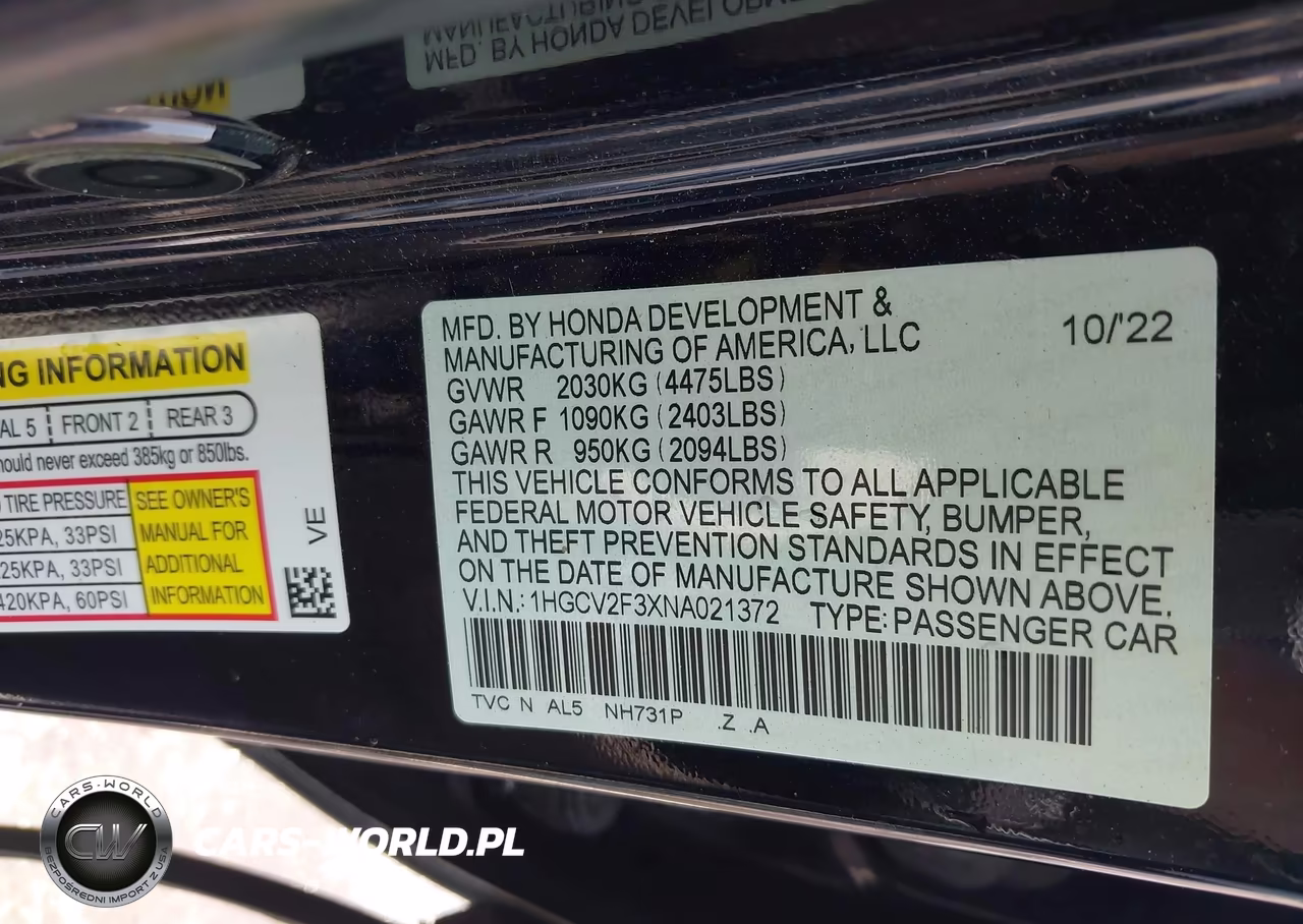 2022 Honda Accord Sport 2.0T VIN:1HGCV2F3XNA021372 - 9