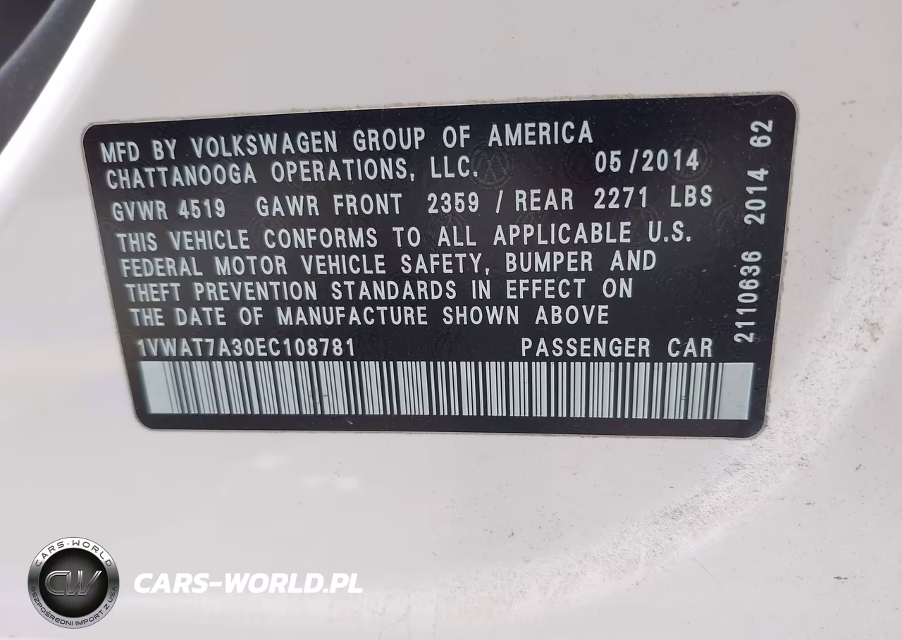 2014 Volkswagen Passat 1.8T S VIN:1VWAT7A30EC108781 - 9