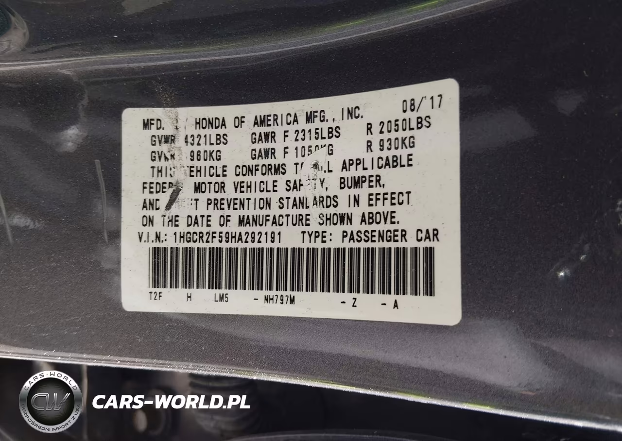 2017 Honda Accord Sport VIN:1HGCR2F59HA292191 - 9