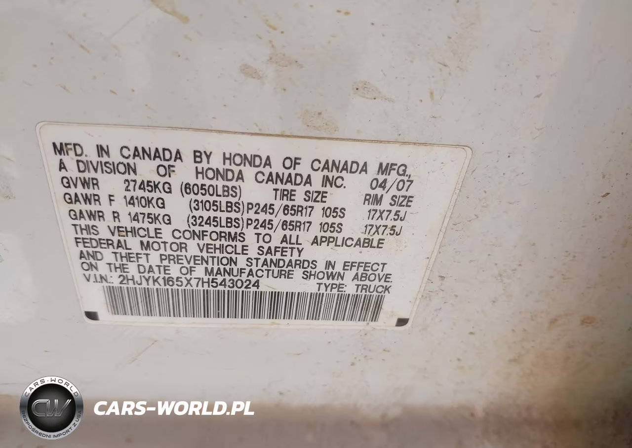 2007 Honda Ridgeline Rtl VIN:2HJYK165X7H543024 - 9