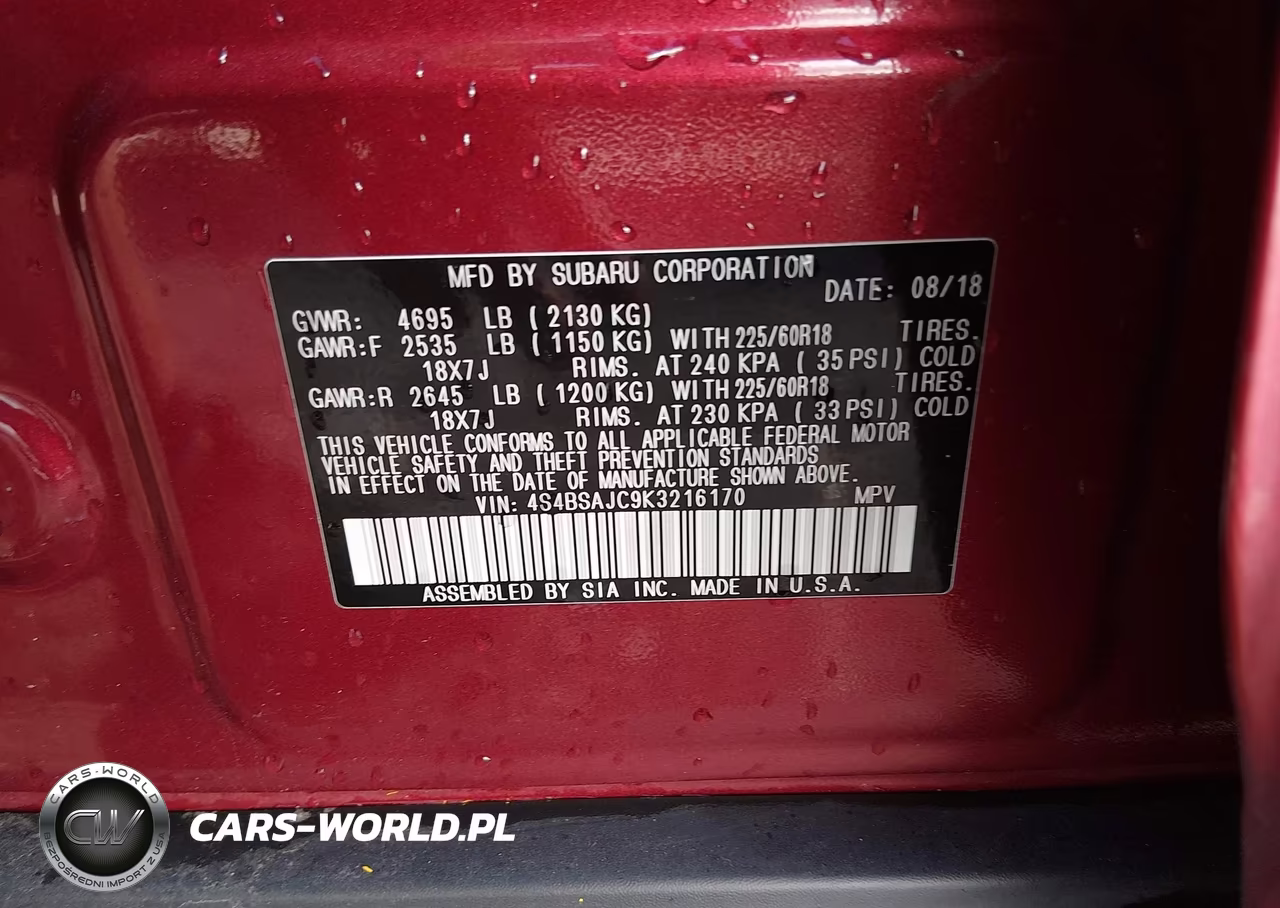 2019 Subaru Outback 2.5I Limited VIN:4S4BSAJC9K3216170 - 9