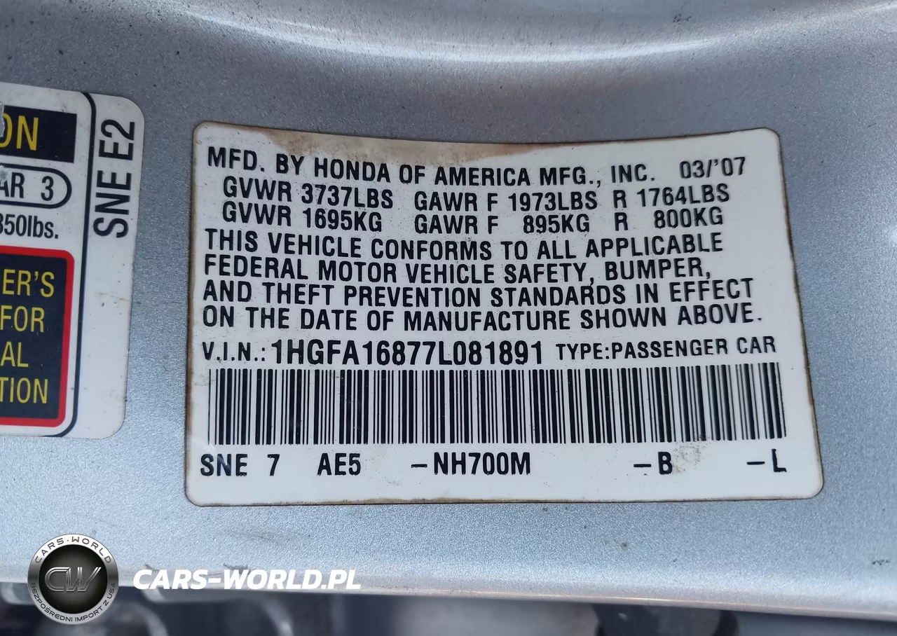2007 Honda Civic Ex VIN:1HGFA16877L081891 - 9