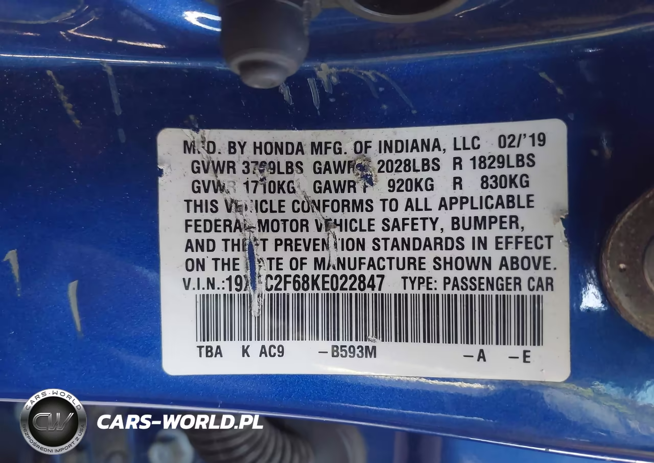2019 Honda Civic Lx VIN:19XFC2F68KE022847 - 9