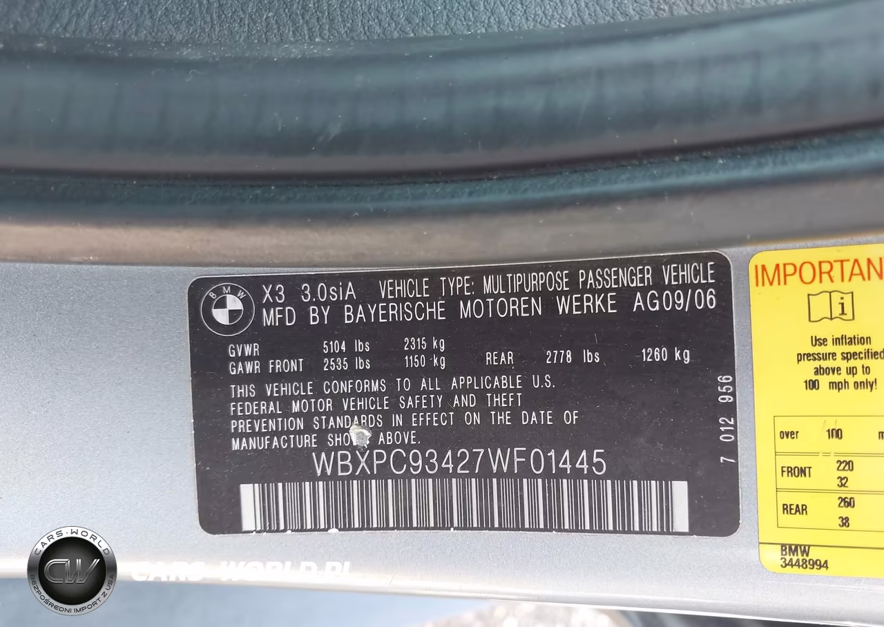2007 BMW X3 3.0Si VIN:WBXPC93427WF01445 - 9