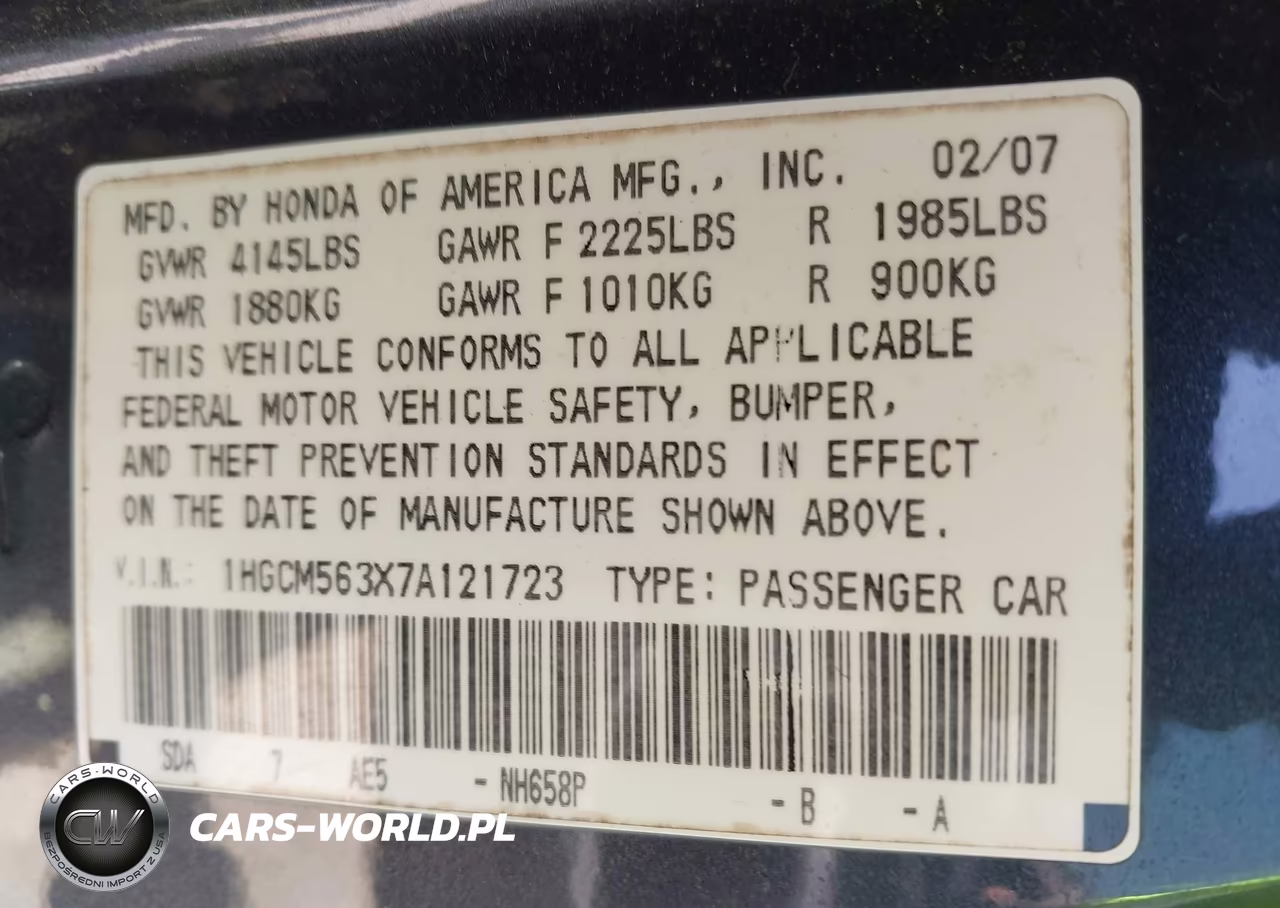 2007 Honda Accord 2.4 Se VIN:1HGCM563X7A121723 - 9