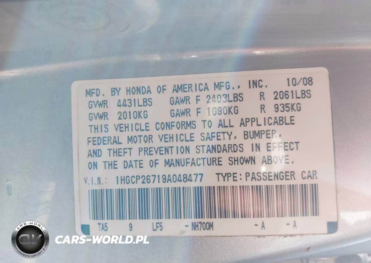 2009 Honda Accord 2.4 Ex VIN:1HGCP26719A048477 - 9