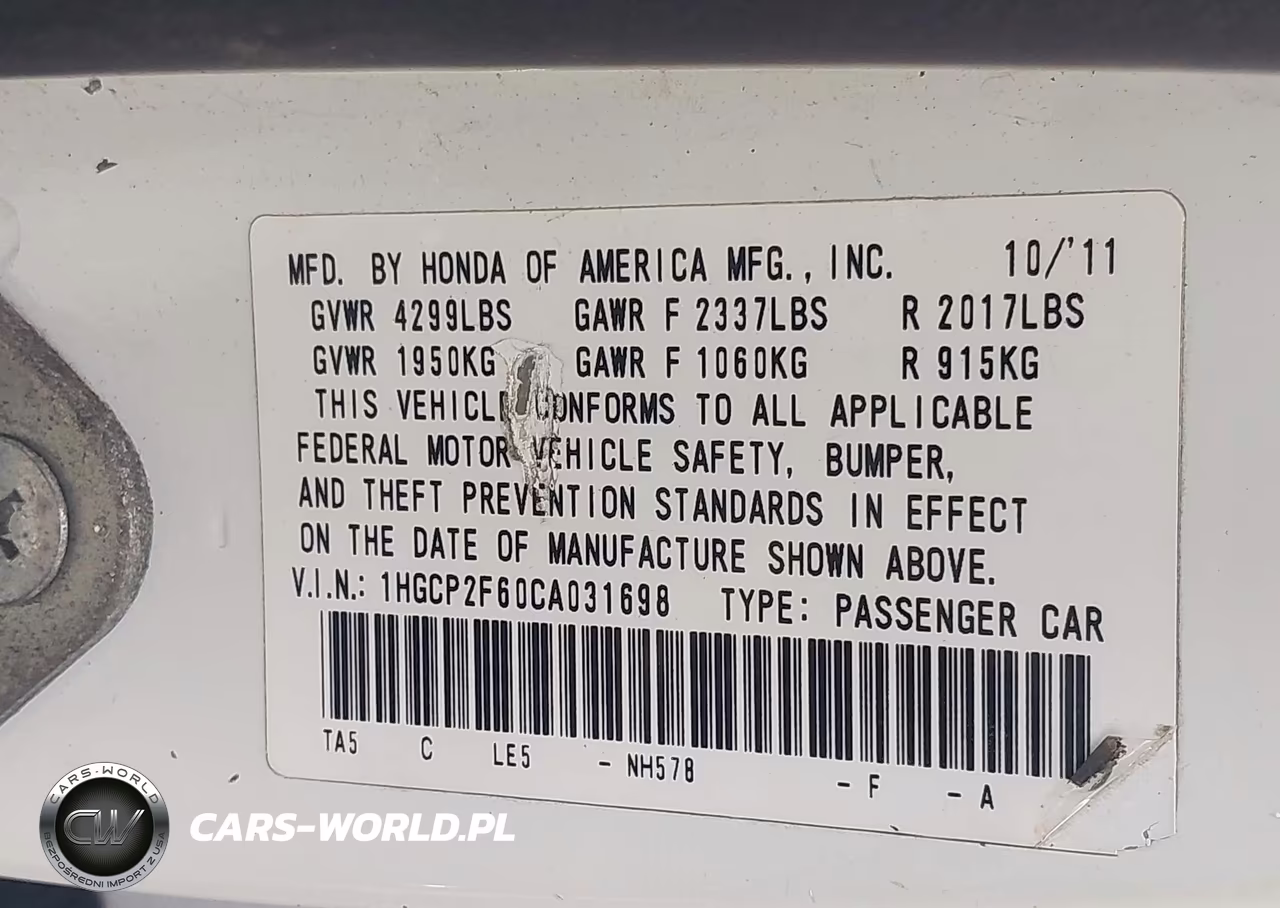 2012 Honda Accord 2.4 Se VIN:1HGCP2F60CA031698 - 9