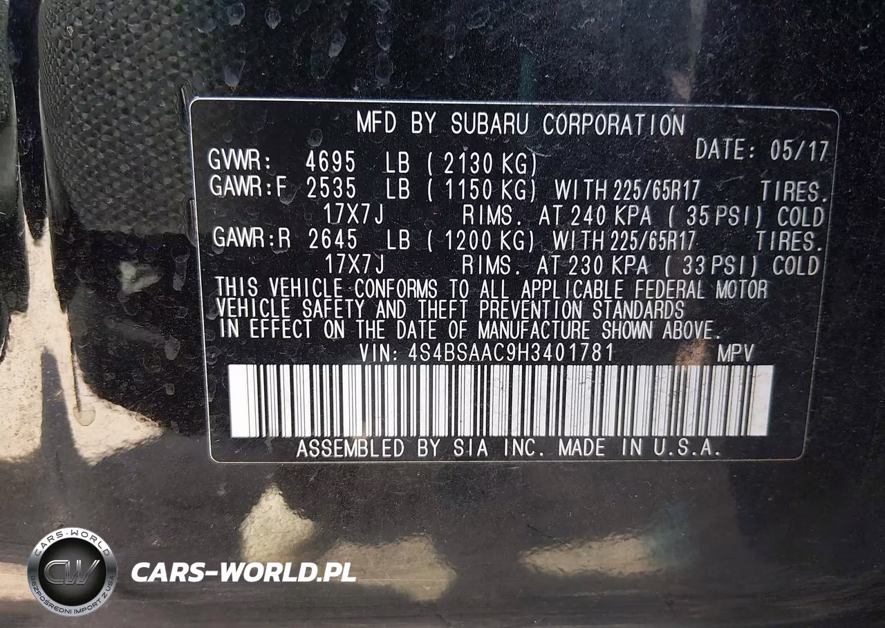 2017 Subaru Outback 2.5I VIN:4S4BSAAC9H3401781 - 9
