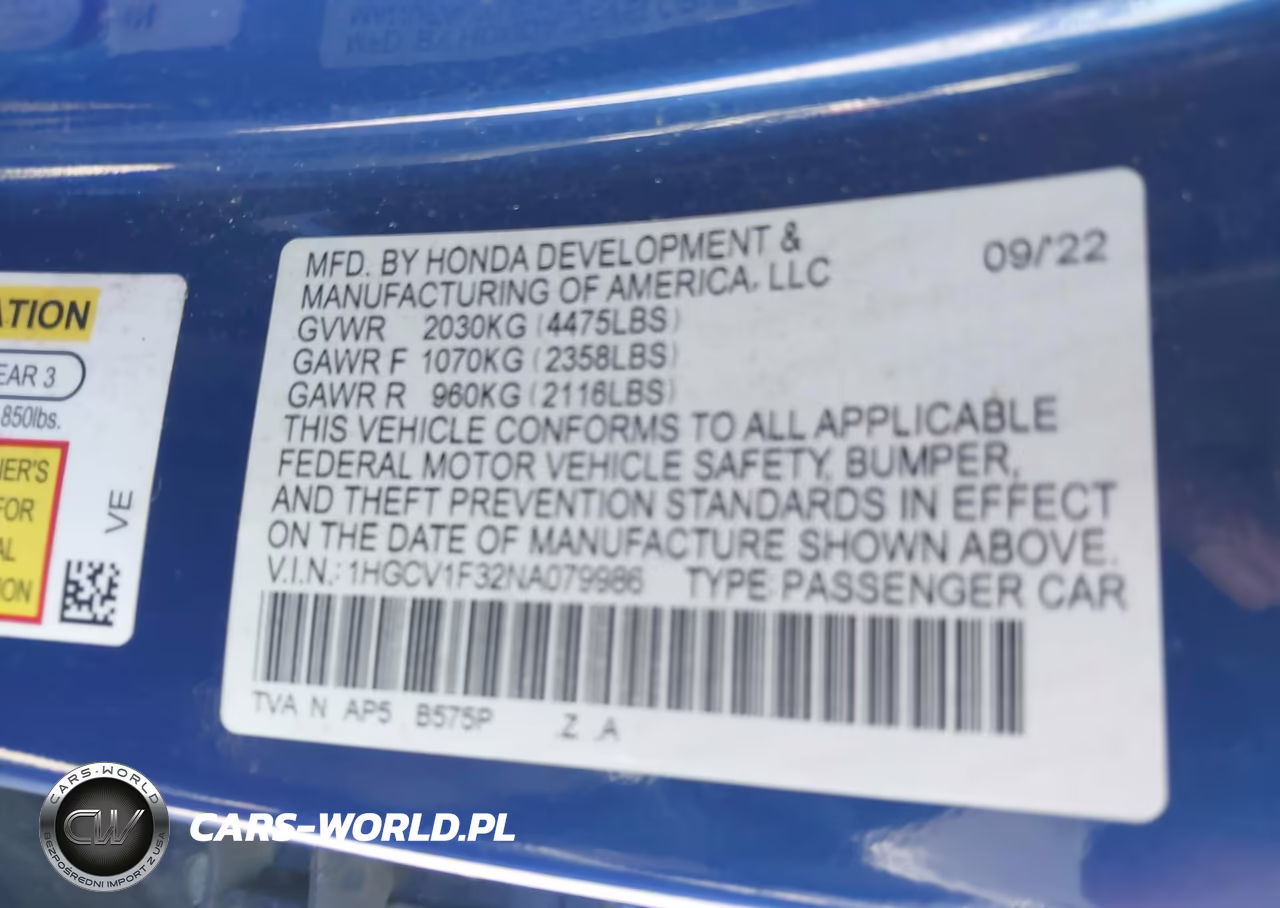 2022 Honda Accord Sport VIN:1HGCV1F32NA079986 - 9