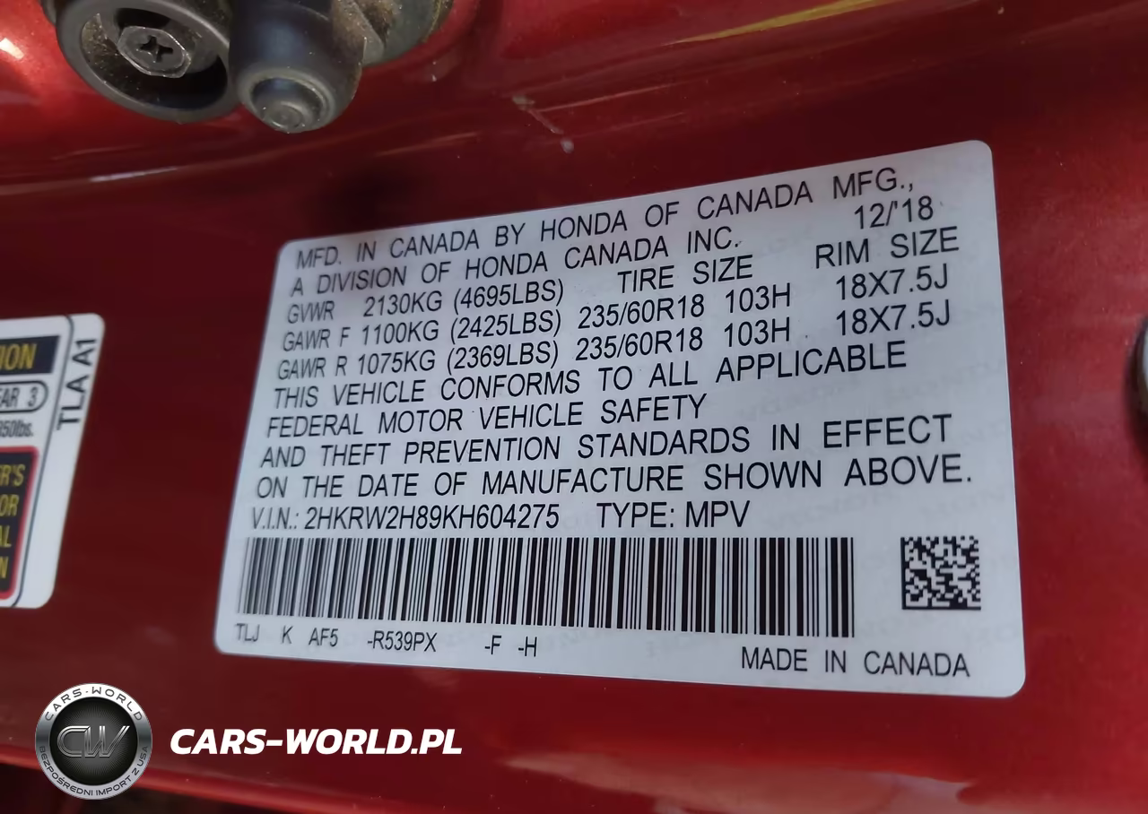 2019 Honda Cr-V Ex-L VIN:2HKRW2H89KH604275 - 9