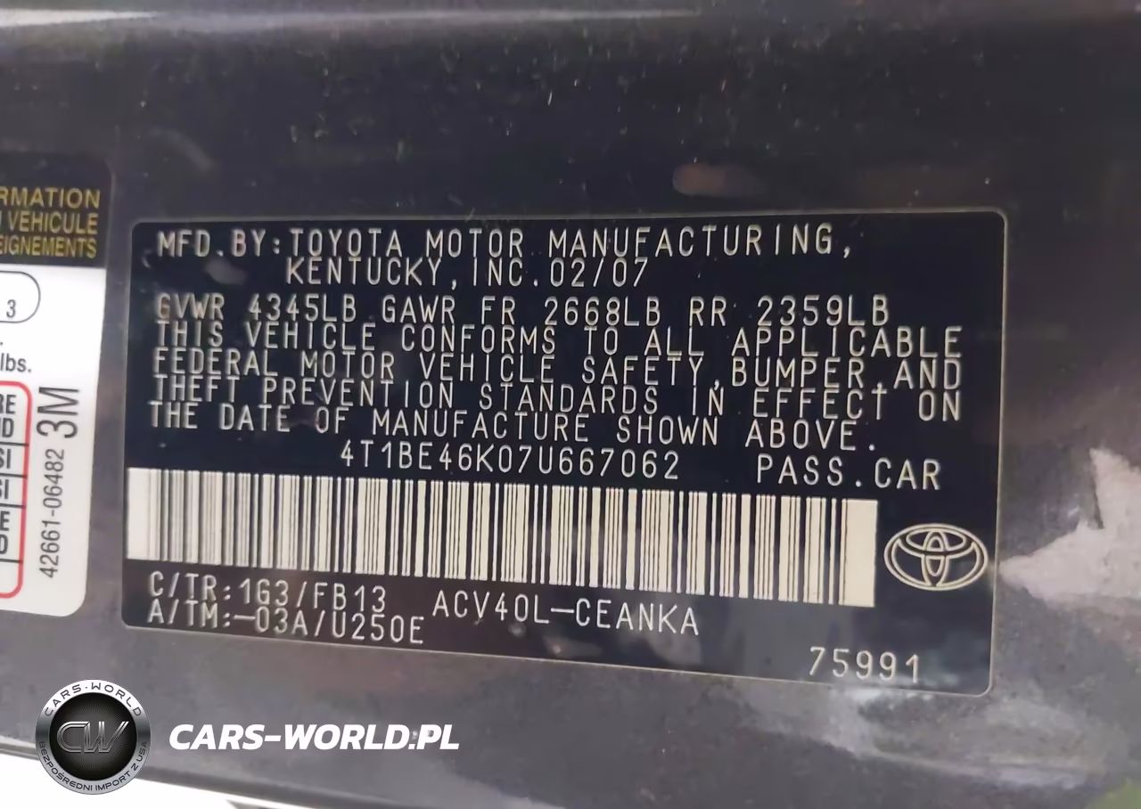 2007 Toyota Camry Le VIN:4T1BE46K07U667062 - 9