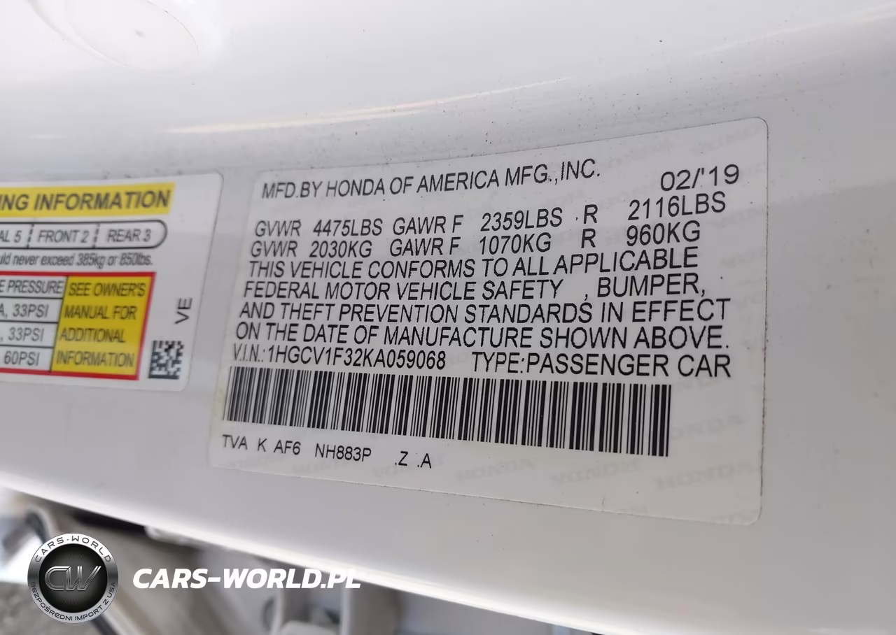 2019 Honda Accord Sport VIN:1HGCV1F32KA059068 - 9
