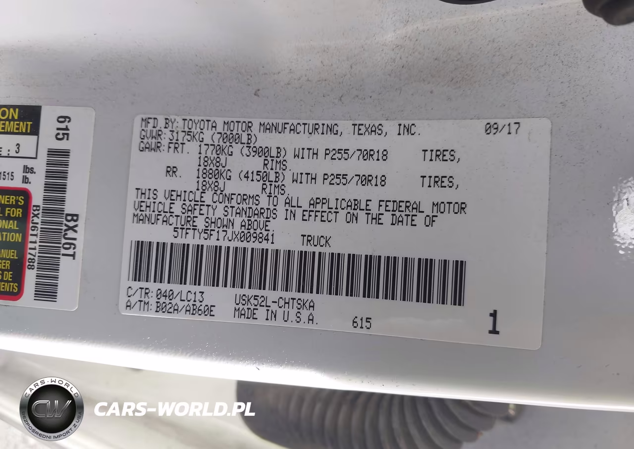 2018 Toyota Tundra Sr 5.7L V8 VIN:5TFTY5F17JX009841 - 9