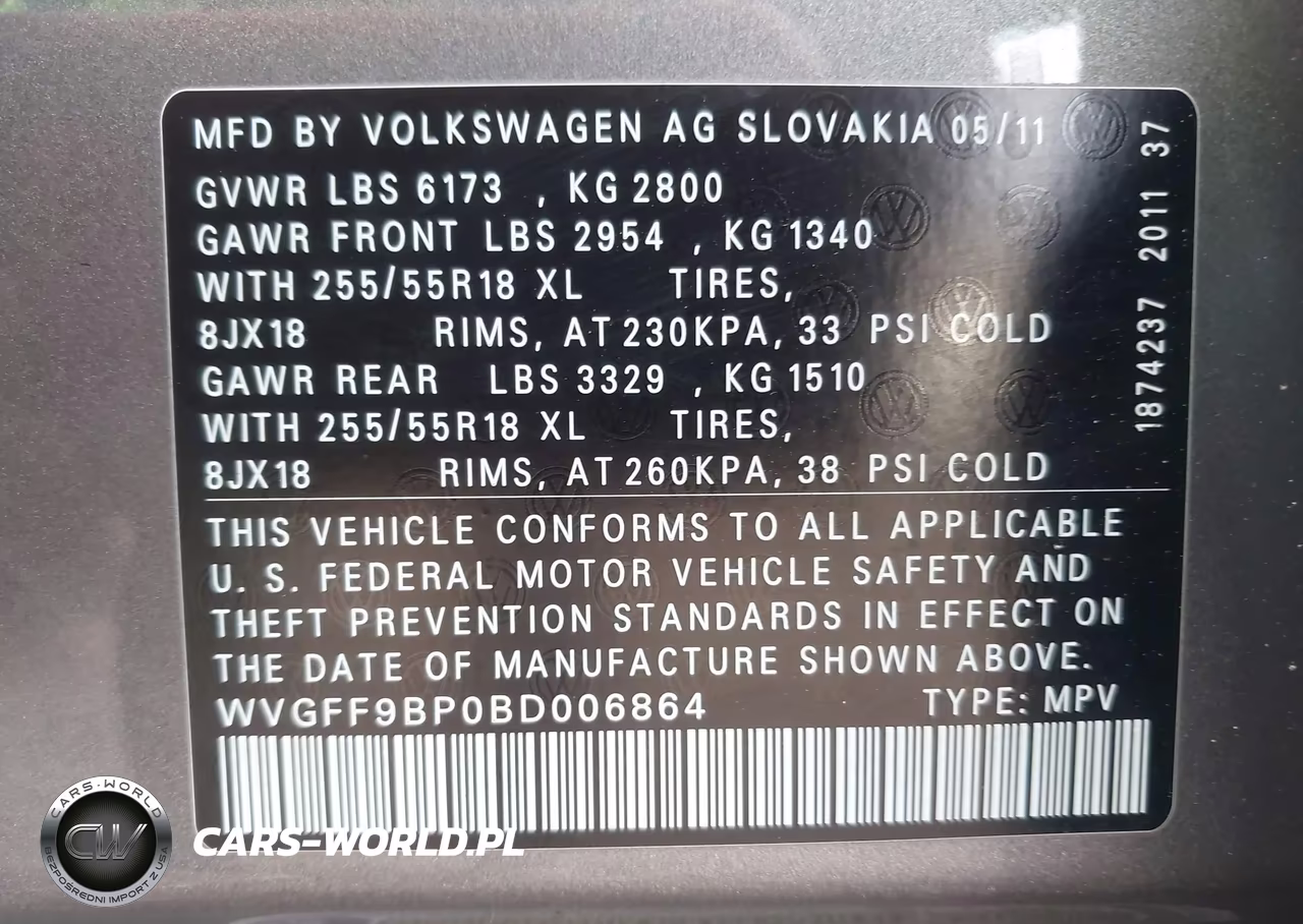 2011 Volkswagen Touareg Vr6 Executive-Vr6 Lux-Vr6 Sport VIN:WVGFF9BP0BD006864 - 9