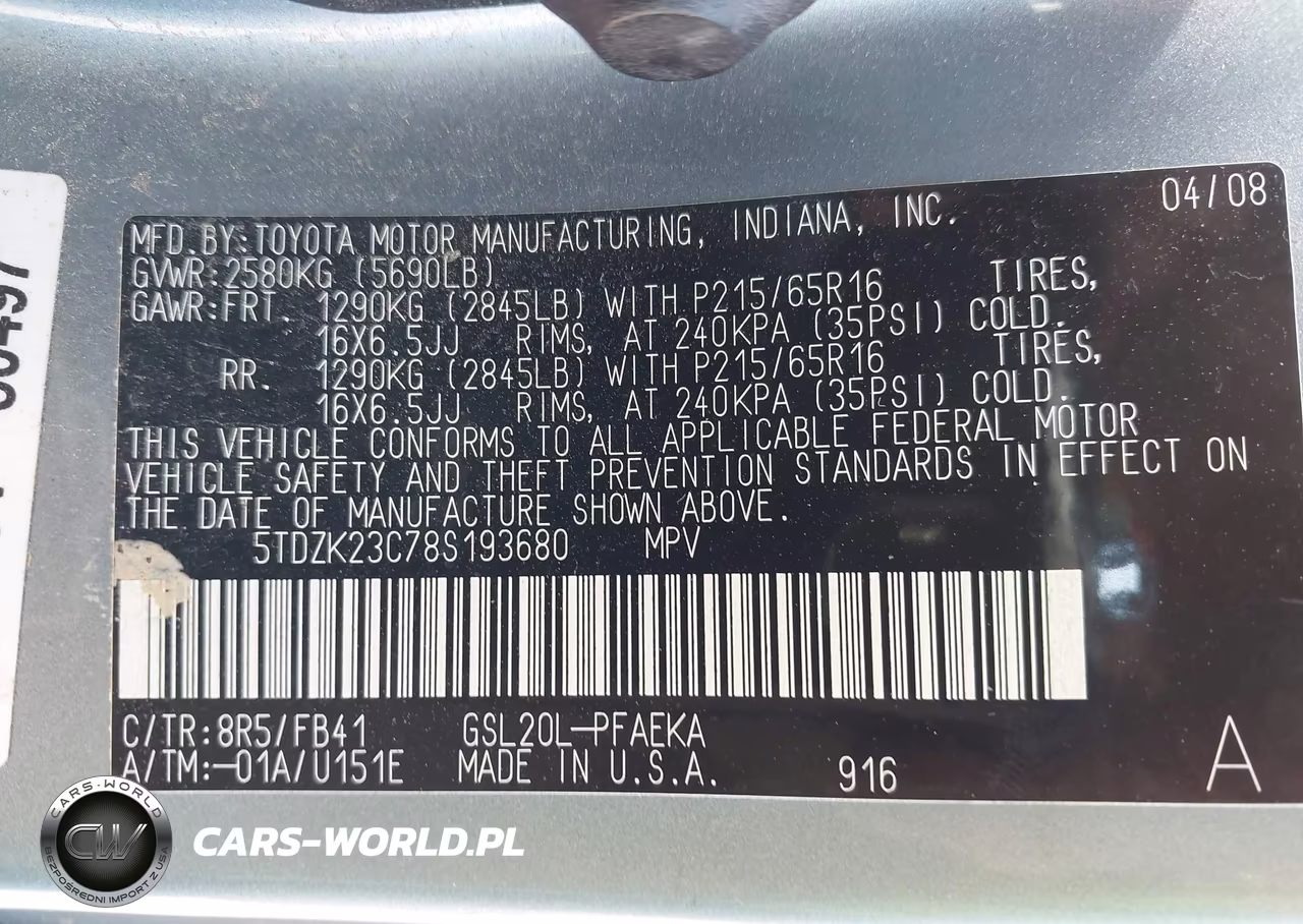 2008 Toyota Sienna Ce VIN:5TDZK23C78S193680 - 9