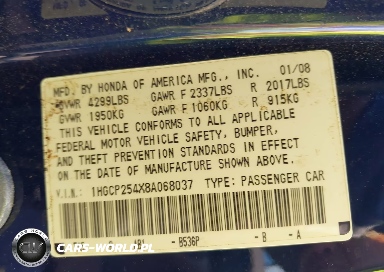2008 Honda Accord 2.4 Lx-P VIN:1HGCP254X8A068037 - 9