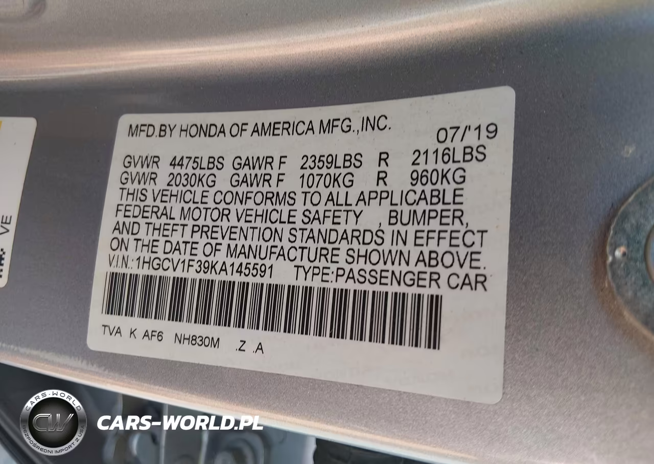 2019 Honda Accord Sport VIN:1HGCV1F39KA145591 - 9