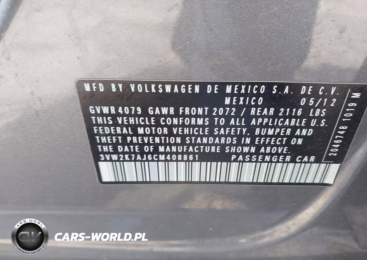 2012 Volkswagen Jetta 2.0L S VIN:3VW2K7AJ6CM408861 - 9
