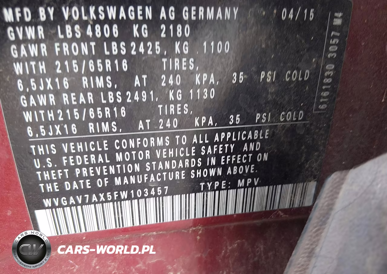 2015 Volkswagen Tiguan S VIN:WVGAV7AX5FW103457 - 9